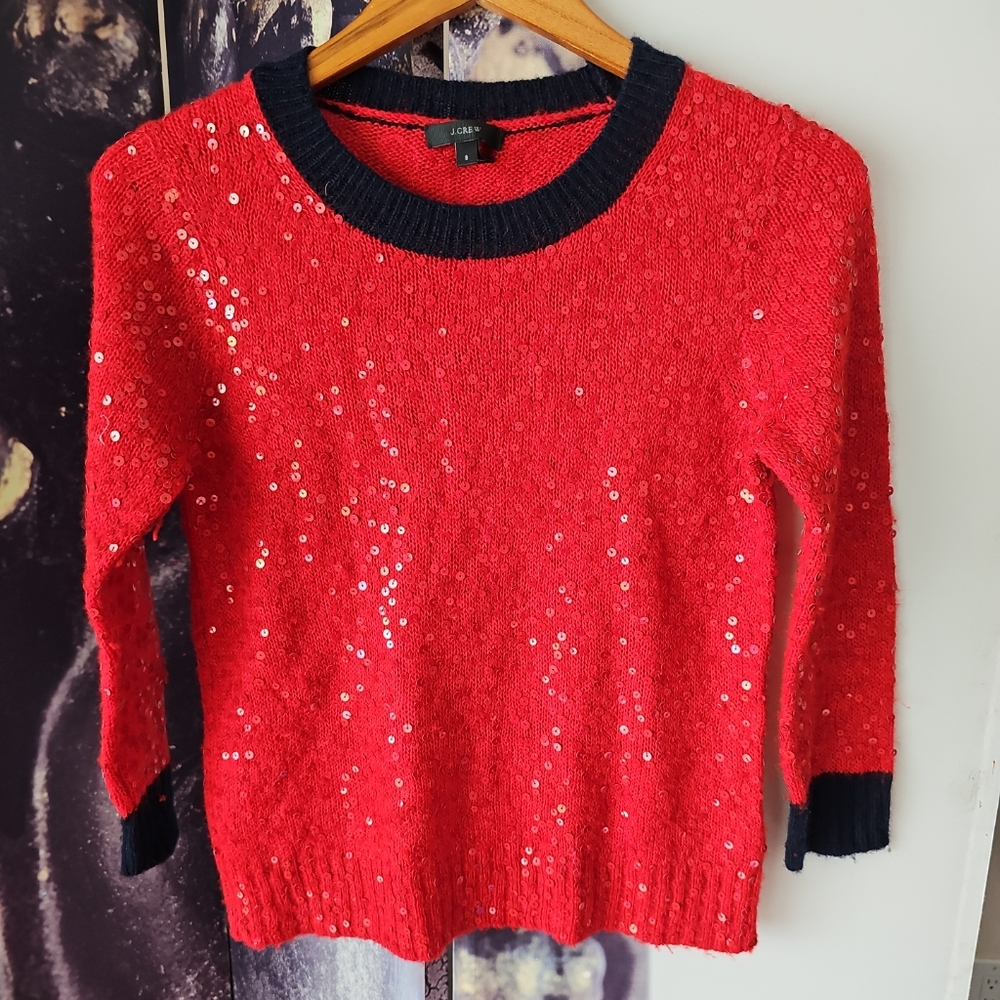 J CREW Women's Red Sequined Wool Blend Pullover Sweater Size S